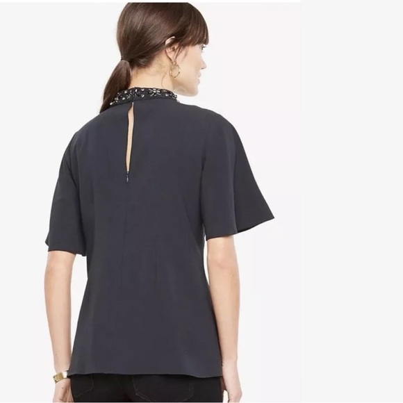 Ann Taylor Jeweled Neck & Flutter Sleeve Blouse Size 00 - Picture 2 of 6